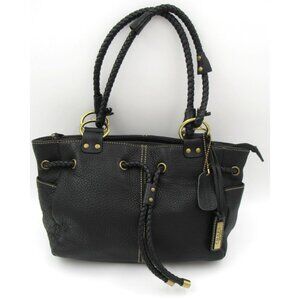 Chaps Black Pebble Leather Shoulder Bag Purse Braided Strap Drawstring Classic